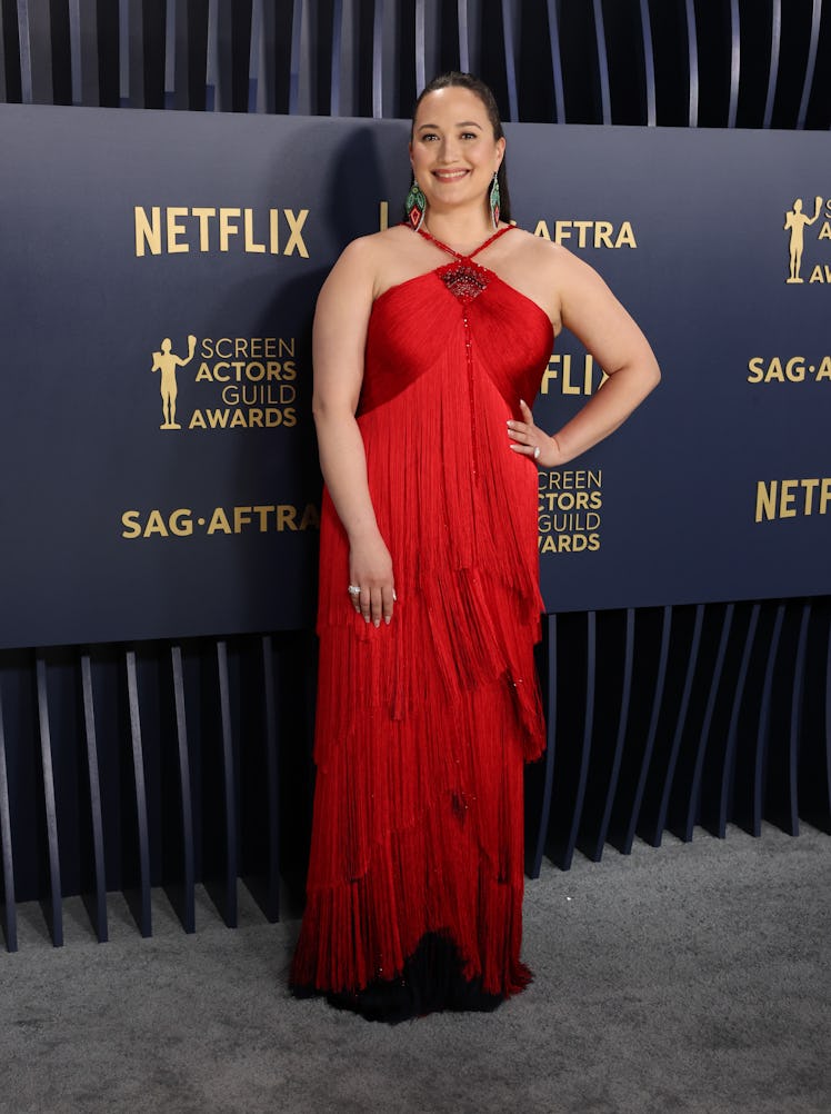 Lily Gladstone arriving on the red carpet at the 30th Screen Actors Guild Awards in Shrine Auditoriu...