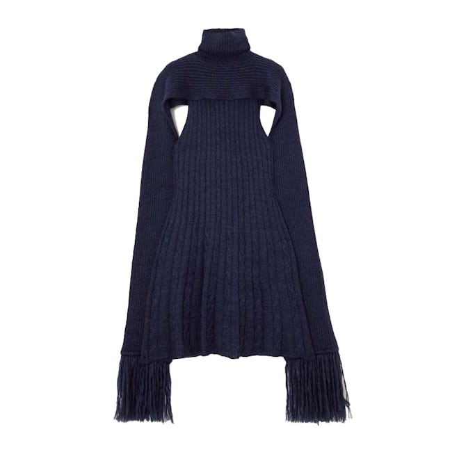 Draped Fringed Ribbed Cable-Knit Wool and Mohair-Blend Dress