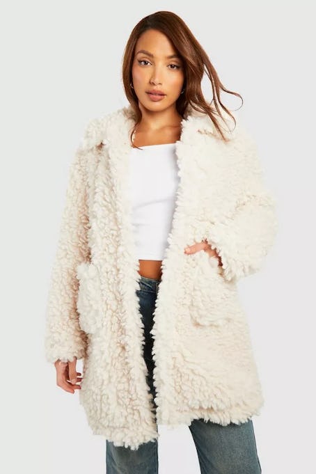 Boohoo Tall Textured Collared Faux Fur Coat 