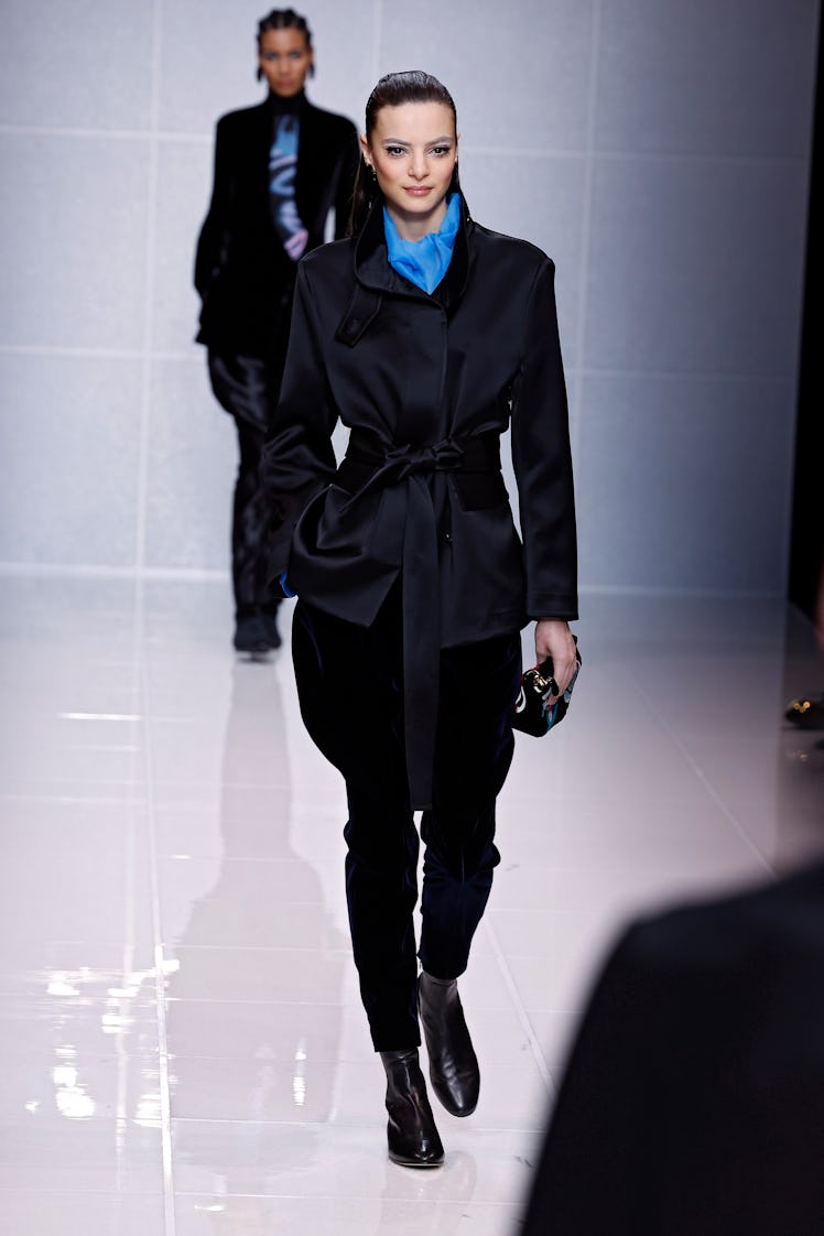 A model walks the runway at the Giorgio Armani fashion show during the Milan Fashion Week Womenswear...