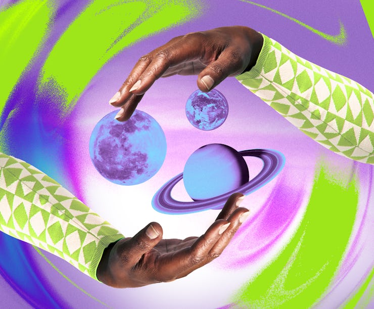 A pair of hands circling the planets to represent your March 2024 horoscope.