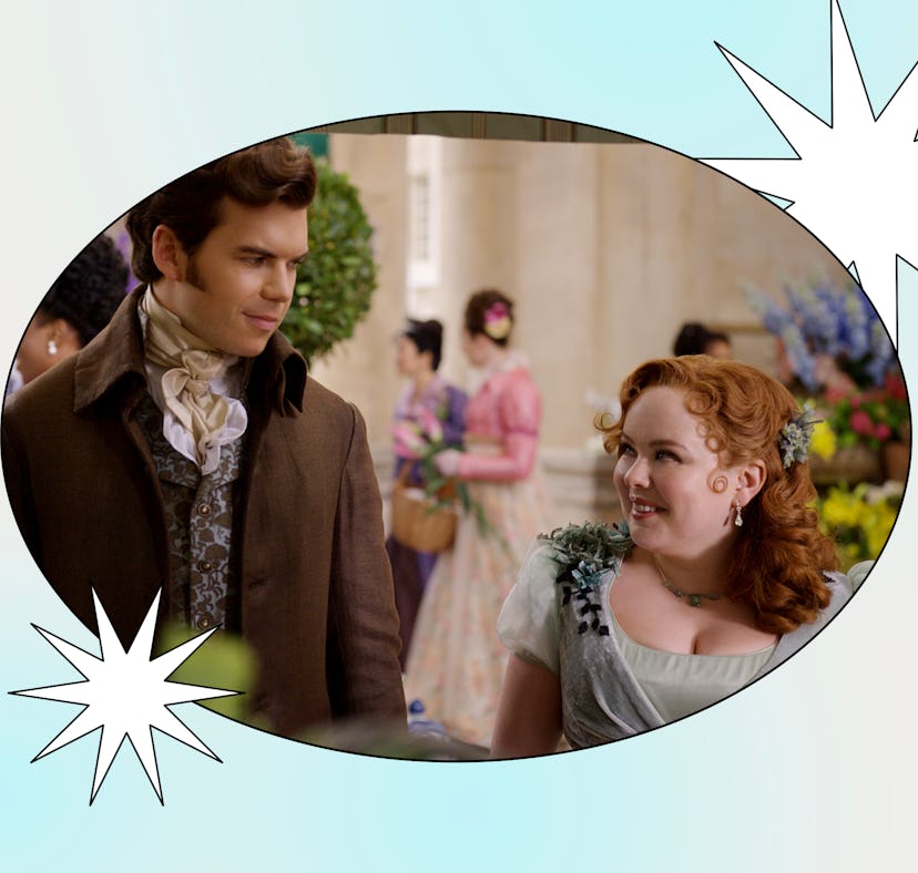 A young man and woman in historical clothing conversing at a vibrant outdoor social gathering, frame...