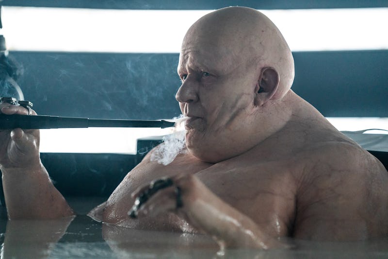 Bald, unusual-looking character with pale skin in a bath smoking, with foreboding expression and dim...