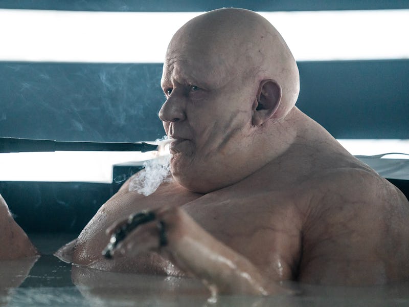 Bald, unusual-looking character with pale skin in a bath smoking, with foreboding expression and dim...