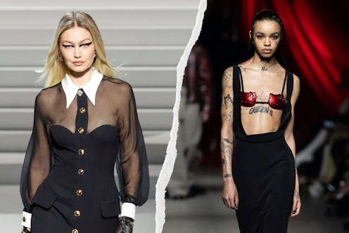 Gigi Hadid walks the runway during the Versace Fall 2024 show, and a model at GCDS.