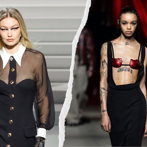 Gigi Hadid walks the runway during the Versace Fall 2024 show, and a model at GCDS. 