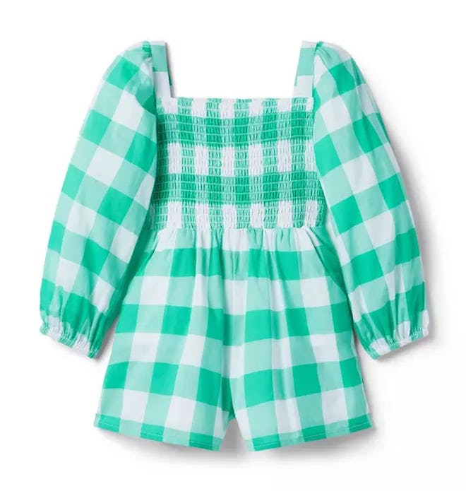 Green gingham romper for girls, a cute st patricks day outfit for kids