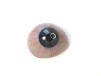 A prosthetic eye with detailed iris and red veins against a white background.