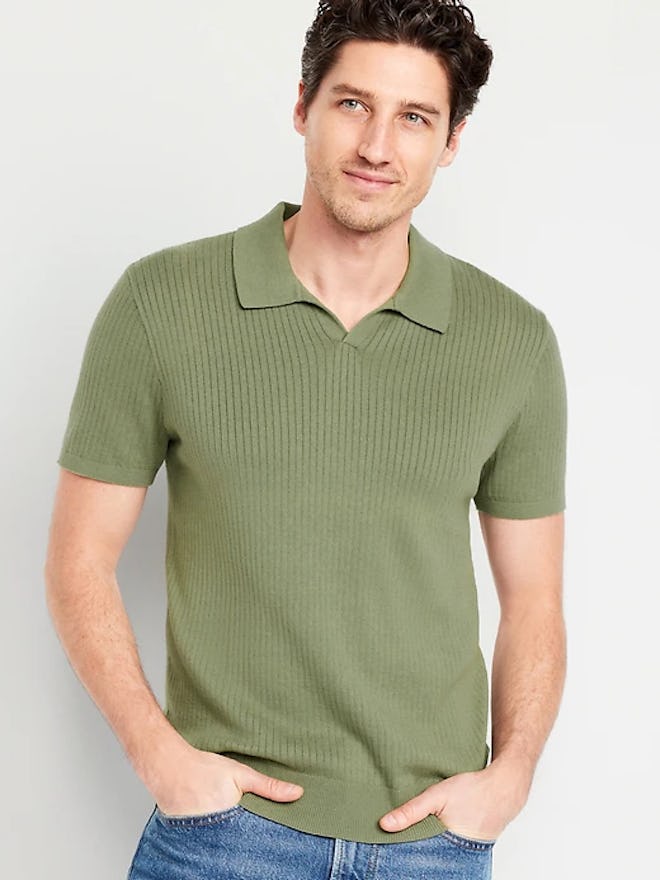 Rib-Knit Polo Sweater in green, a st. patrick's day outfit for men