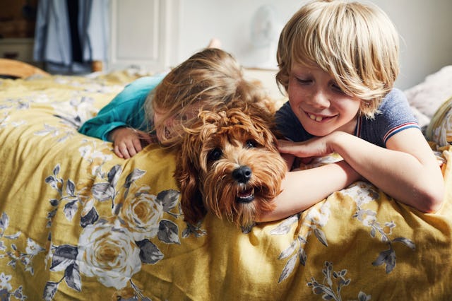 Kids snuggle with a dog on the bed.