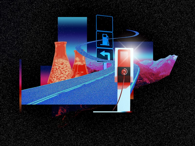 Abstract collage with scientific elements like beakers, a microscope, crystals, and digital imagery ...