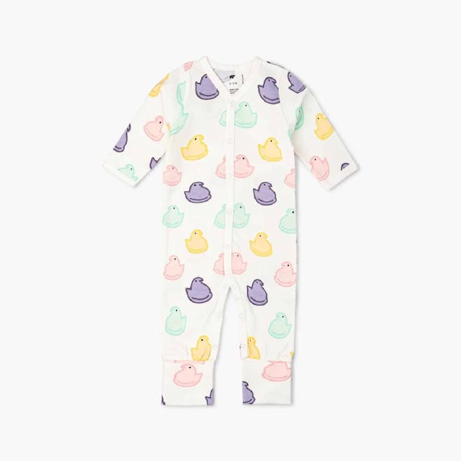 Baby Easter pajamas, a one-piece sleeper with pastel Peeps printed all over.
