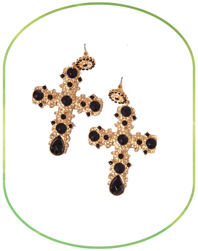 Black Jeweled Cross Statement Earrings