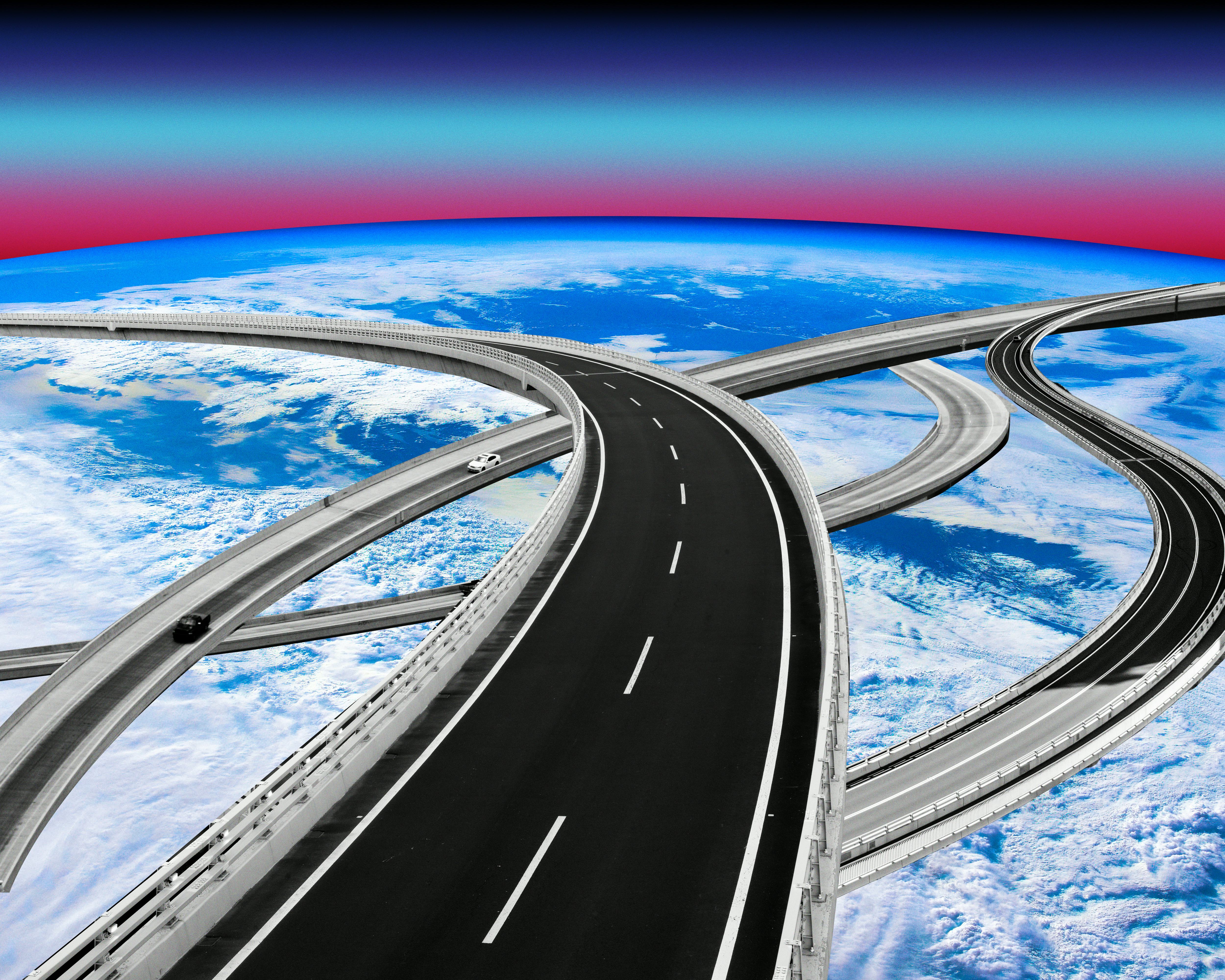 An artistic depiction of intertwined highways floating above Earth's surface, set against a vibrant ...