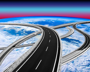 An artistic depiction of intertwined highways floating above Earth's surface, set against a vibrant ...