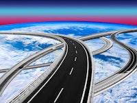 An artistic depiction of intertwined highways floating above Earth's surface, set against a vibrant ...