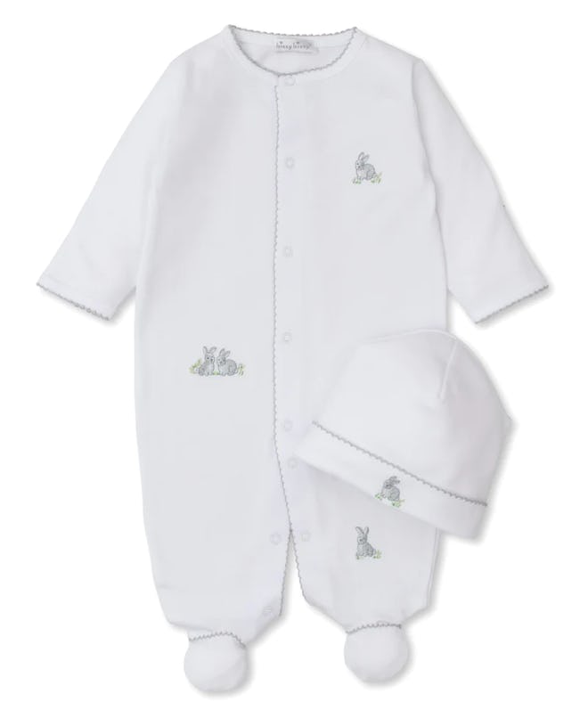 Cottontail Hollows Silver Footie With Hat Set, which are classic easter pajamas for babies.