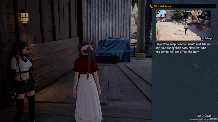 screenshot from Final Fantasy 7 Rebirth describing Aerith and Tifa's date