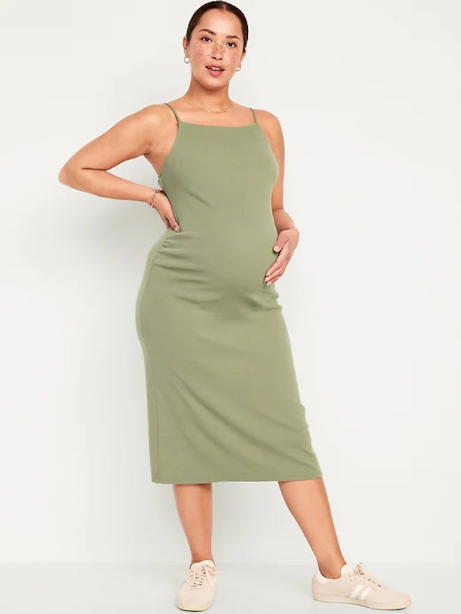 Maternity High Neck Rib-Knit Midi Dress, a green St. Patrick's Day outfit for women.