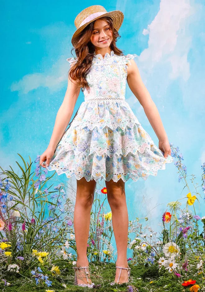 Embroidered Frill Dress in blue and white, the perfect dress for easter 2024