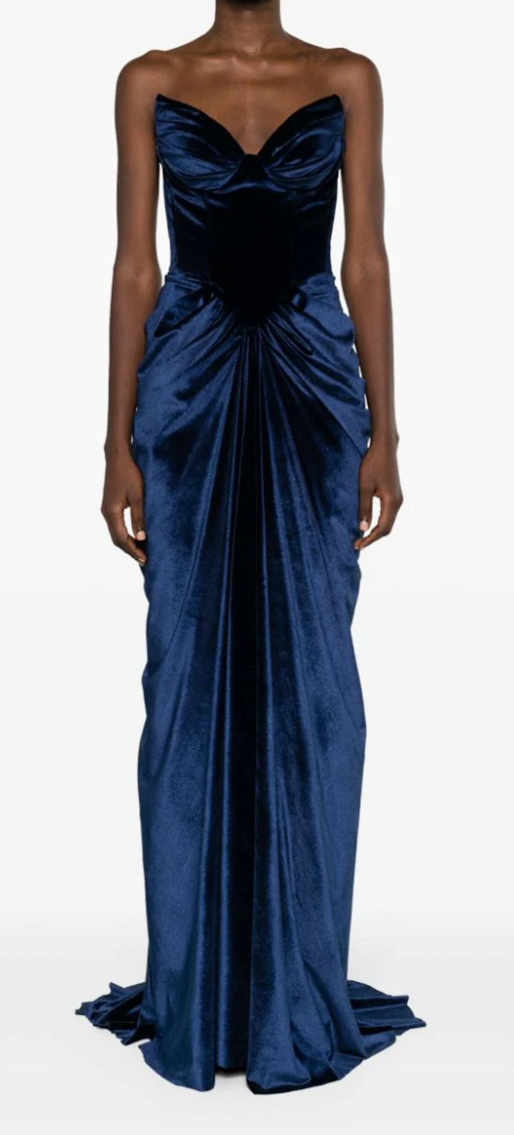 blue velvet strapless gown