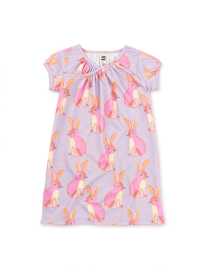 Purple nightgown with pink bunnies, some of the cutest easter 2024 pajamas for kids.