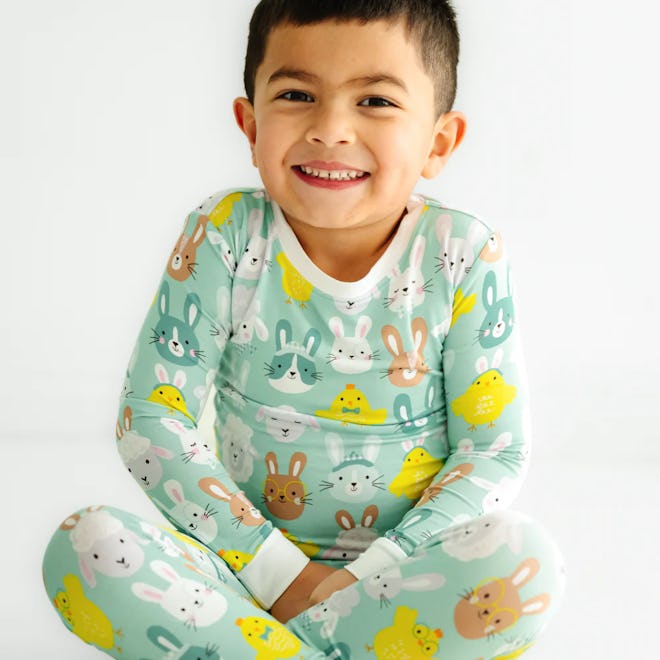 Light blue two-piece pajamas with bunny print all over, the cutest easter 2024 pajamas for kids.