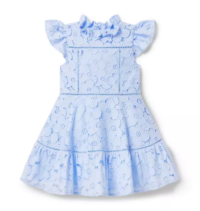 Blue Floral Lace Ruffle Dress, a perfect easter 2024 dress for girls.