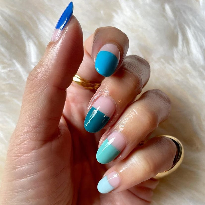 Blue Skittle nails are on-trend.