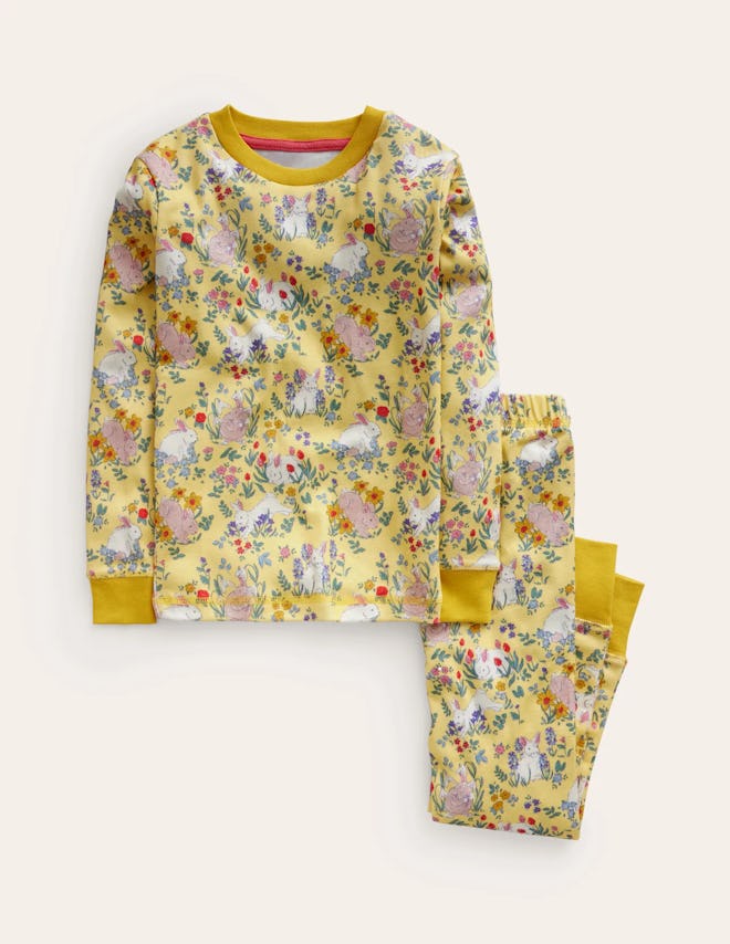 Snug Long John Pajamas in yellow bunny and floral print, the cutest easter 2024 pajamas for kids.