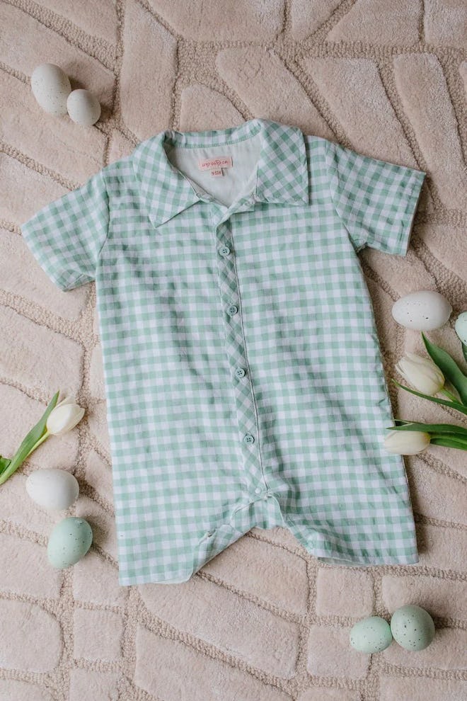 Green gingham baby boy romper, a cute easter 2024 outfit for babies.