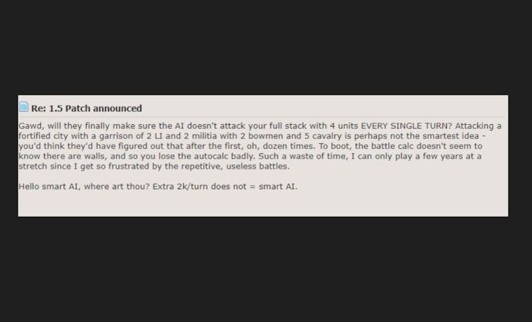 screenshot of fan comment calling out the terrible AI on a total war fan forum