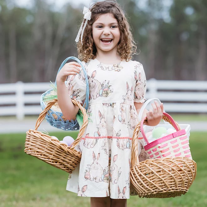 Light pink dress with illustrated bunnies, the perfect easter 2024 dress.