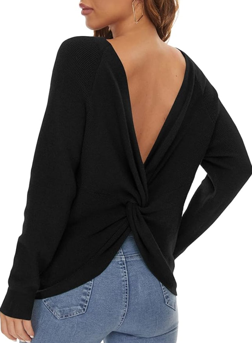 LILBETTER Long Sleeve Loose Criss Cross Back Sweater