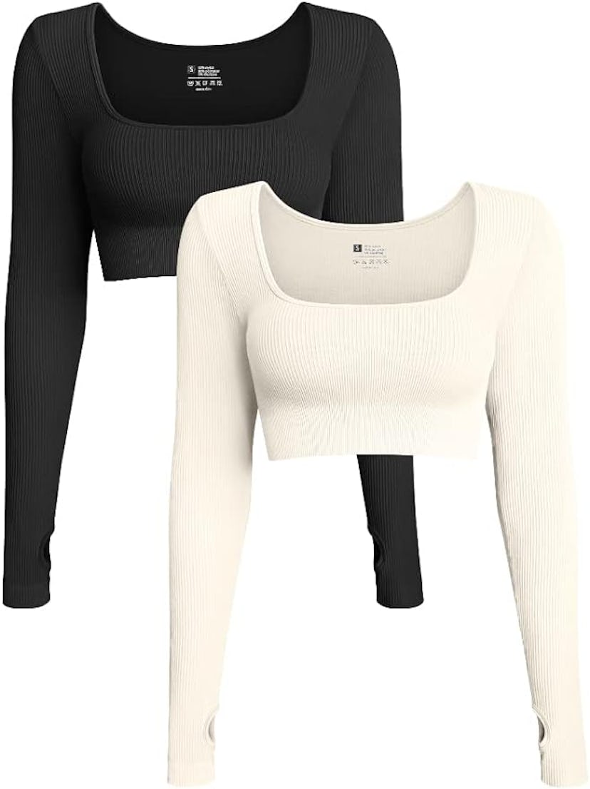OQQ Ribbed Seamless Long Sleeve Crop Top (2-Pack)