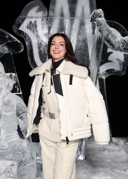 Anne Hathaway attends the Moncler Grenoble Fall Winter 2024 Fashion Show on February 03, 2024 in St ...