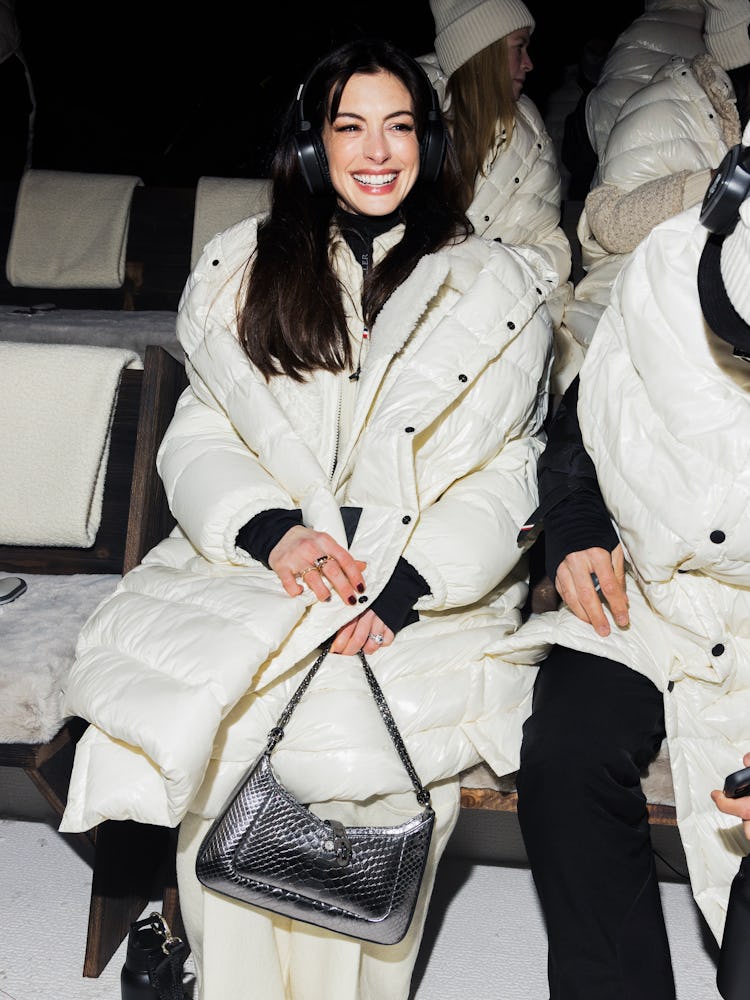 Anne Hathaway in the front row at Moncler Grenoble RTW Fall 2024 held on February 3, 2024 in Saint M...
