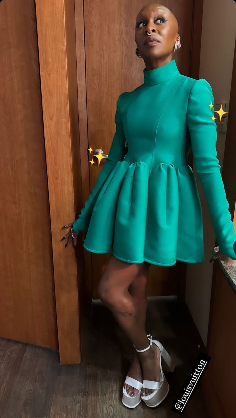 Cynthia Erivo Louis Vuitton emerald green Wicked mini dress