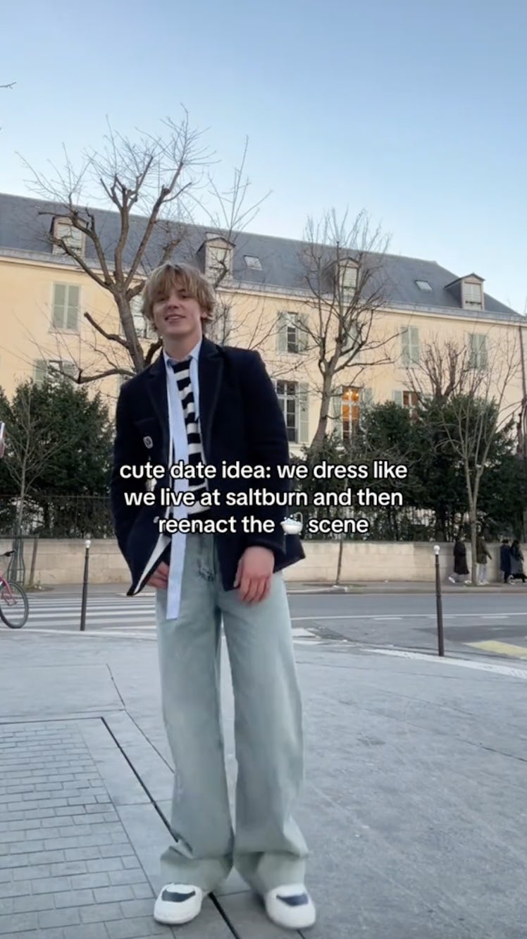 Jack Wright films a TikTok inspired by 'Saltburn' while in Paris for fashion week. 