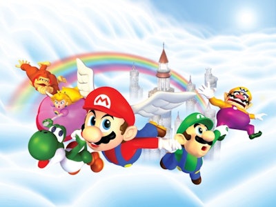 Key art for Mario Party showcasing the cast flying past a rainbow in the sky