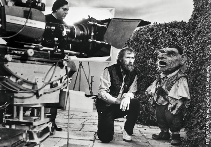 Jim Henson on the set of Labyrinth, with the puppet of Hoggle.