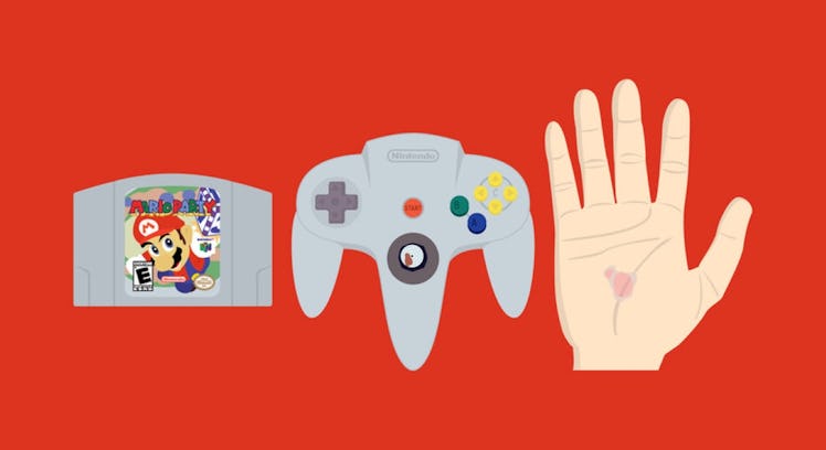 An artist's rendering of a Mario Party N64 cartridge, an N64 controller with a spot of blood on the ...