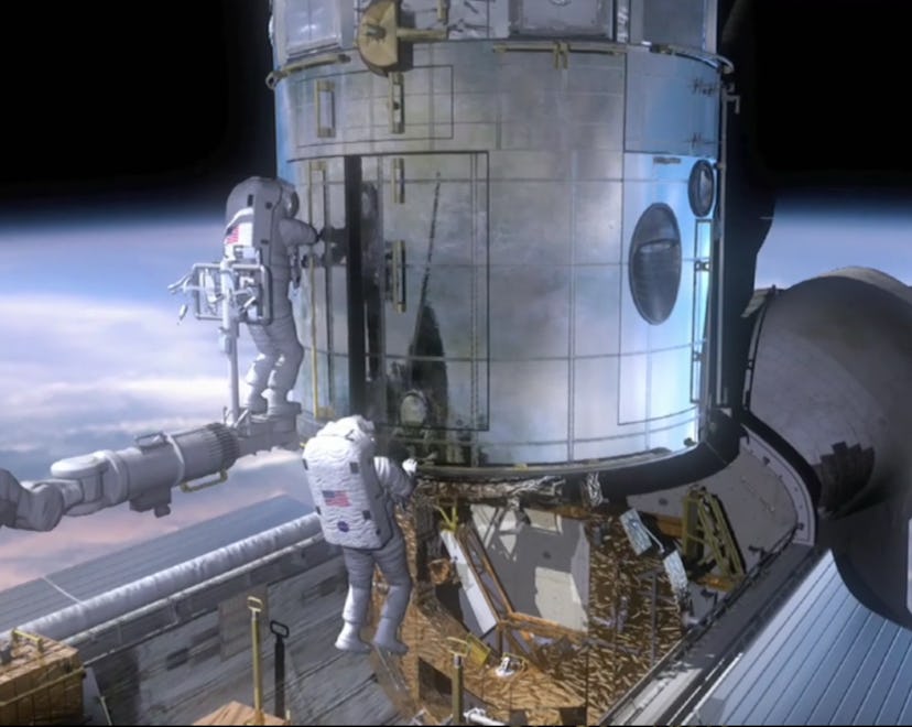 Two American astronauts work on a capsule orbiting earth.