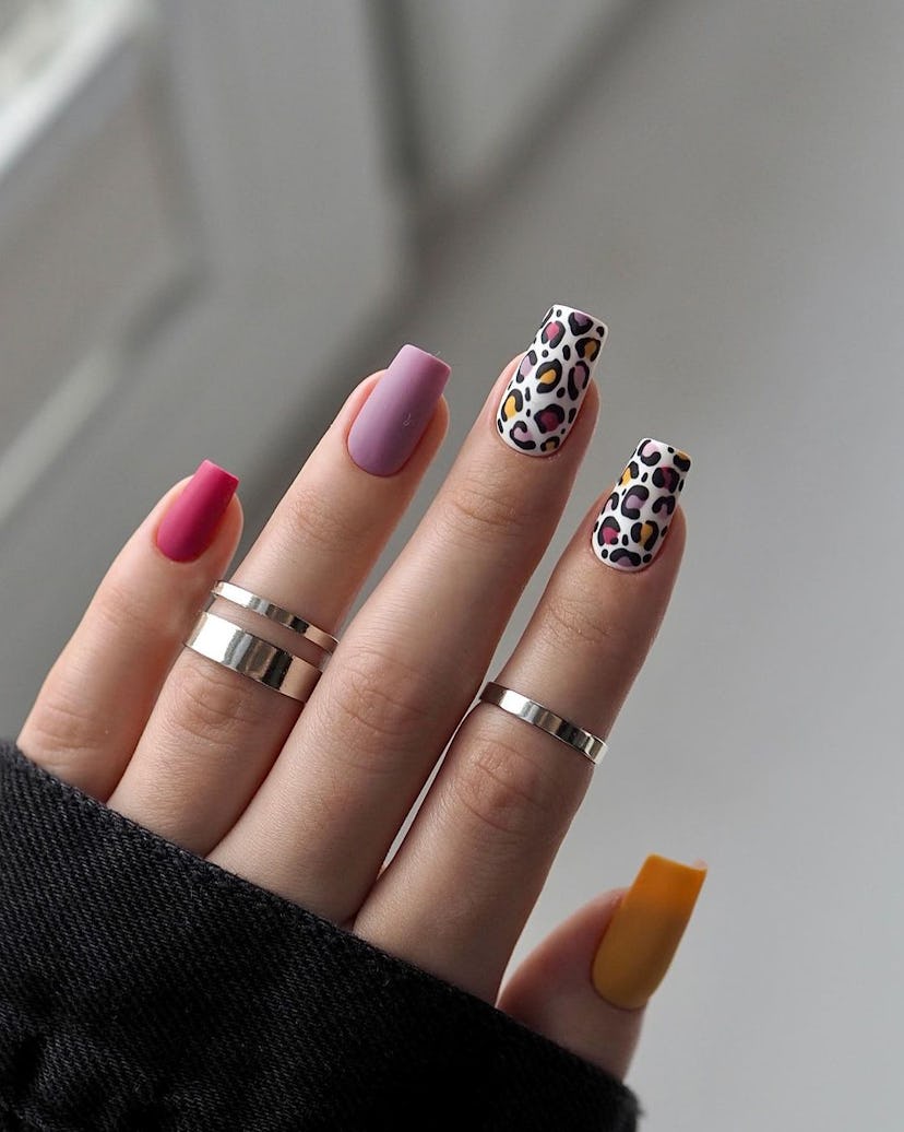 colorful leopard print nail art