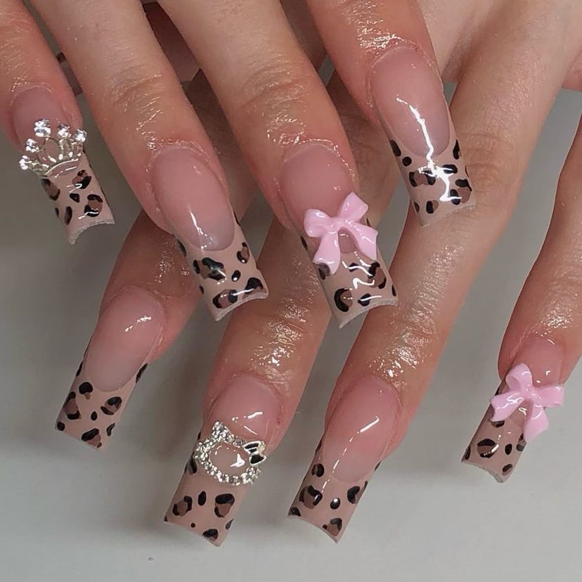 Leopard print coquette nails