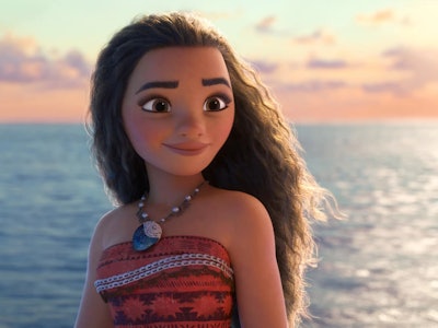 Animated young girl with long wavy hair standing before ocean at sunset, wearing a necklace and patt...