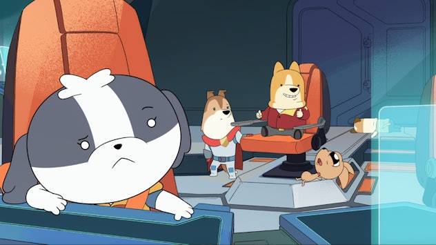 The dogs of 'Dogs in Space' on the bridge of their spaceship