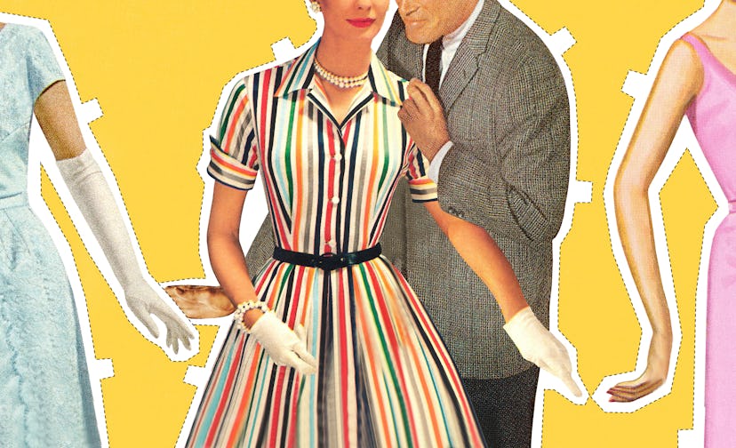 A vintage collage of 1950s style fashion with a woman in a striped dress and a man in a suit, surrou...