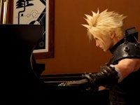 Animated character with spiky blond hair and armor sitting at a piano, looking contemplative in a di...
