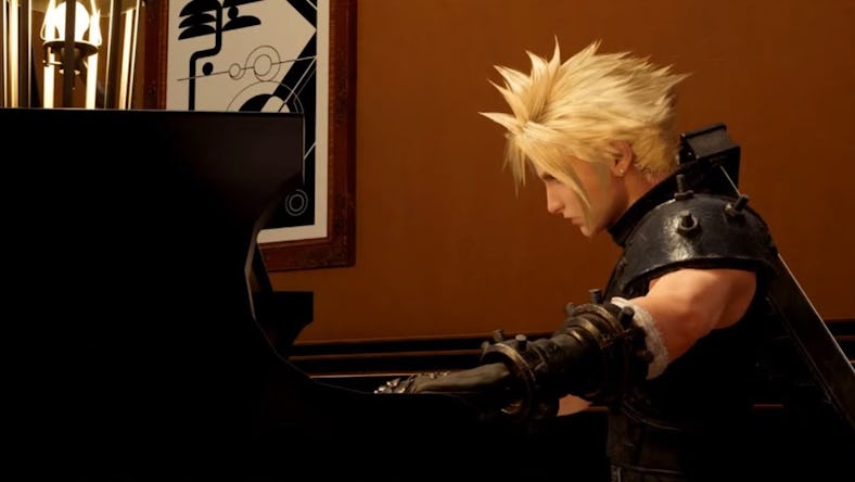 Animated character with spiky blond hair and armor sitting at a piano, looking contemplative in a di...